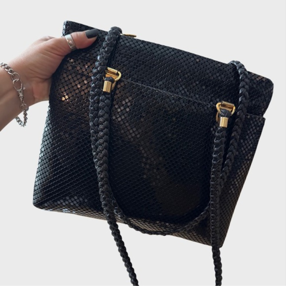 Vintage Black Metal Mesh Bag Purse Black Braided Handle Gold Hardware Goth‎